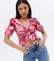 New Look Petite Pink Doodle Print Ribbed Ruched Tie Front Top